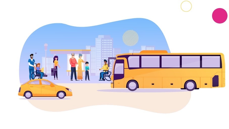 bus, car, people and people in wheelchairs